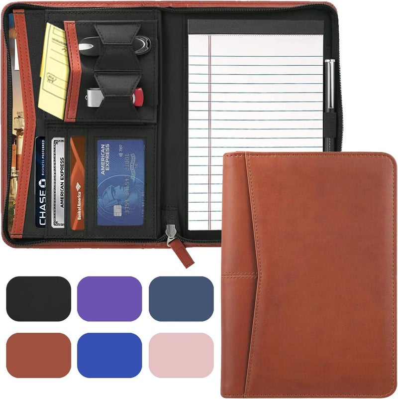 Gorbado Small Portfolio Organizer, A5 Zippered Business Portfolio, Junior Padfolio Folder Binder for Women & Men,5 x 8 Writing Pad Included, Brown - Image 1
